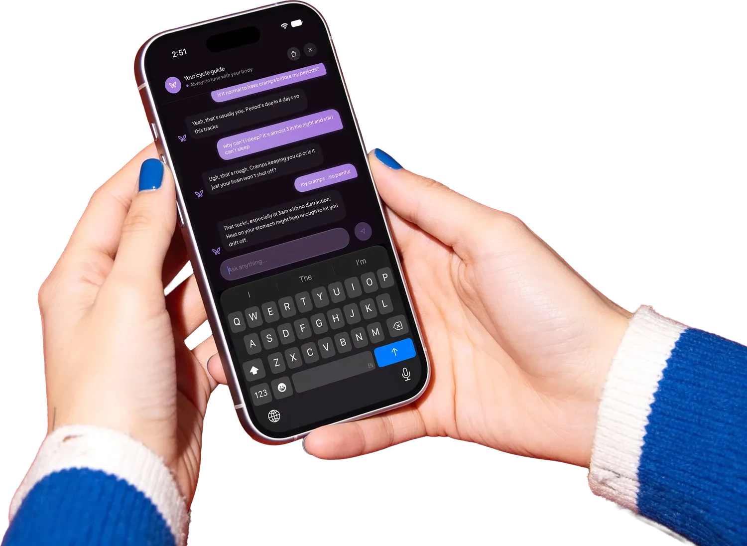 Asking eluna a question on an iPhone, held in two hands