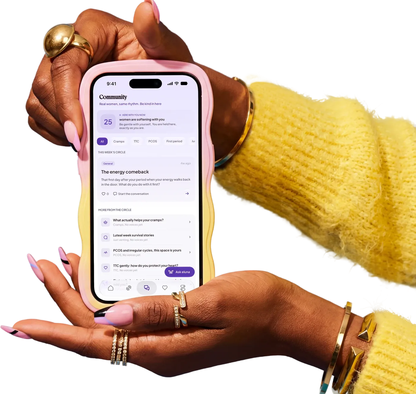 The eluna community on an iPhone held in two hands