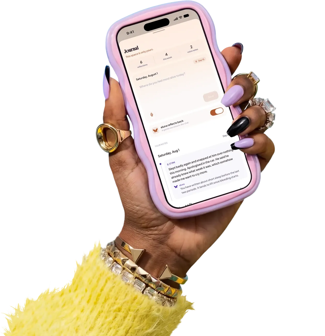 The eluna journal on an iPhone held in a hand