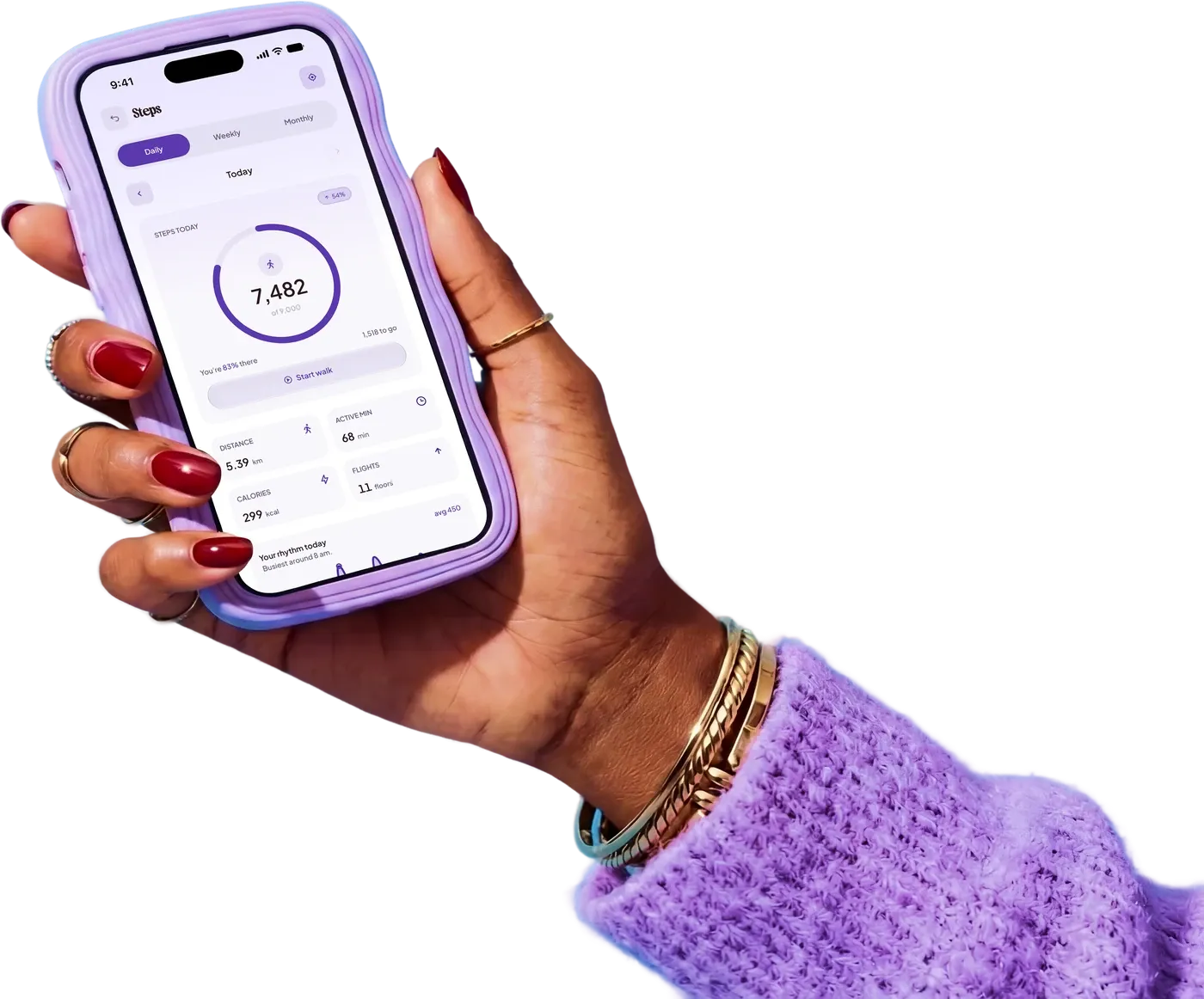 eluna's step counter on an iPhone held in a hand